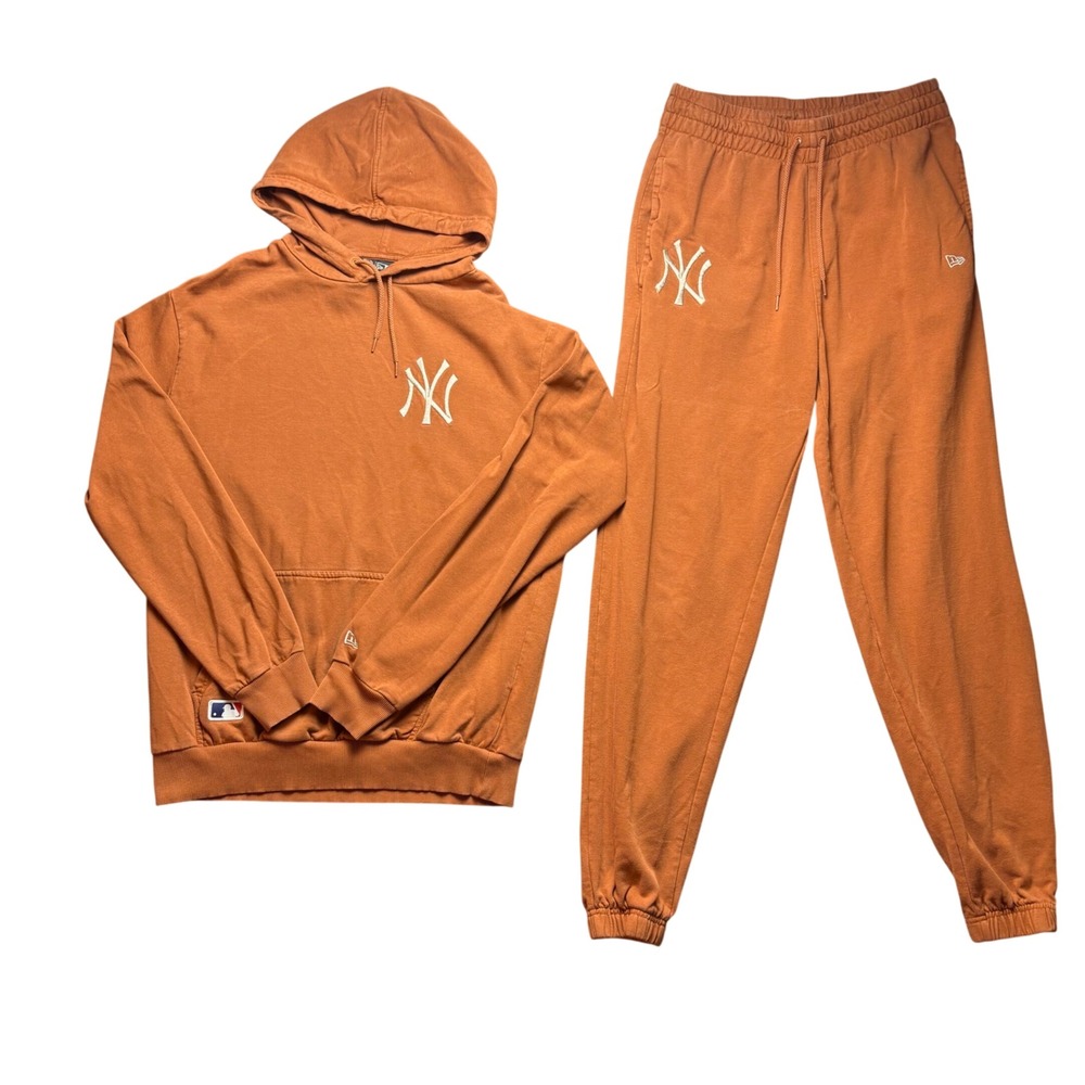 New Era New York Yankees Tracksuit Set Mens M Orange Fleece Hoodie Joggers MLB